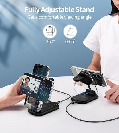3 in 1 Magnetic Wireless Charging Station for Apple Devices | Fast Foldable Travel Charger Stand with Night Light for Mag-enabled iPhone 17 16 15 14 13 12 Series, Apple Watch/AirPods Pro - color: Upgraded Black