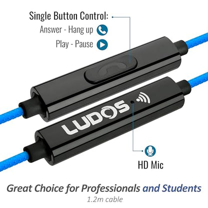 LUDOS Clamor Wired Earbuds in-Ear Headphones, 5 Years Warranty, Earphones with Microphone, Noise Isolating Ear Buds, Memory Foam for iPhone, Samsung, School Students, Kids, Women, Small Ears - Blue - color: Blue, style: 3.5 mm