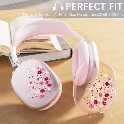 Headphone Cover for AirPods Max, Girly Cute Clear Ear Cups Covers, Pink Silicone Ear Pad Case Headband Cover for Apple AirPods Max (2024/2020), Pink Petals - color: Pink Petals-Pink
