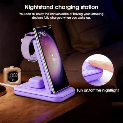 Wireless Charging Station for Samsung/Android, Fast Wireless Watch Charger Station Compatible for Samsung Galaxy S26 Ultra/S25/S24+/Z Flip 7/6 Fold 7/6, Watch8/7/Pro/Active 2 Galaxy Buds3/2 Pro(Purple - color: Purple