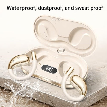 Open Ear Headphones Wireless Bluetooth 5.4, Air Conduction Wireless Earbuds with Ear Hooks and Mic, 50H LED Charging Case, IPX7 Water Resistant Sport Headphones for Running Gym Work - color: Khaki White