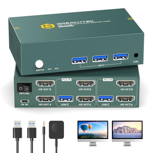 Greathek 4K@60HZ HDMI KVM Switch 2 Monitors 2 Computers Dual Monitor - color: Matte black
