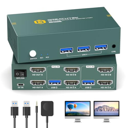 Greathek 4K@60HZ HDMI KVM Switch 2 Monitors 2 Computers Dual Monitor - color: Matte black