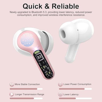 Wireless Earbuds, Bluetooth 5.4 Headphones HiFi Stereo, Bluetooth Earbuds | With ENC Noise Cancelling Mic, IP7 Waterproof in Ear Earphones, 48H, LED Display Ear Buds for Pad Phones Workout Sports, Pink - color: B-Pink