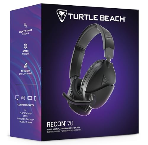 Turtle Beach Recon 70 Wired Multiplatform Gaming Headset for PC, PS5, Xbox | Xbox Series X|S, Xbox One, PlayStation, PC Splitter Cable, Flip-to-Mute Mic, 40mm Speakers, Lightweight, Soft Earpads, Black - size: Standard