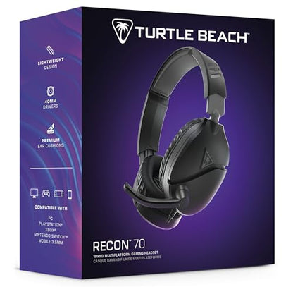 Turtle Beach Recon 70 Wired Multiplatform Gaming Headset for PC, PS5, Xbox | Xbox Series X|S, Xbox One, PlayStation, PC Splitter Cable, Flip-to-Mute Mic, 40mm Speakers, Lightweight, Soft Earpads, Black - size: Standard
