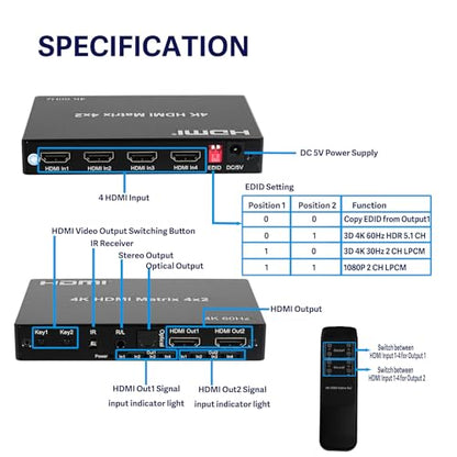 4K 4x2 HDMI Matrix Switch with 3.5mm Stereo Audio Extractor and Audio Optic Output, 4 in 2 Out Video Switcher&Splitter, Support HDMI 2.0 4K@60Hz