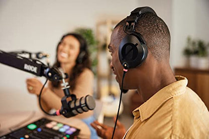 Rode PodMic Dynamic Podcasting Microphones (Pair) with 2X PSA1+ Professional Studio Boom Arms, NTH-100 Professional Closed Back Over Ear Headphones, XLR Cables and StreamEye Polishing Cloth