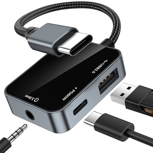 USB C to 3.5mm Audio Adapter 3-in-1 USB-C Headphone Adapter with OTG | Type-C Aux to 3.5mm Converter with USB OTG Data Port & 60W PD Charging Support, for iPhone 17/16/15, Samsung Galaxy, Pixel