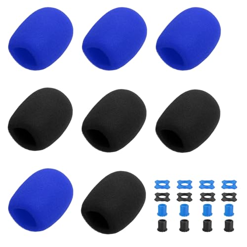 MECCANIXITY 8 Set Microphone Cover Foam Mic Cover, with 1.34" Mic Protection Silicone Ring and Anti Rolling Bottom Sleeve Holder for Karaoke DJ Concert Theater, Black/Blue - color: Black/Blue, size: 1.34"