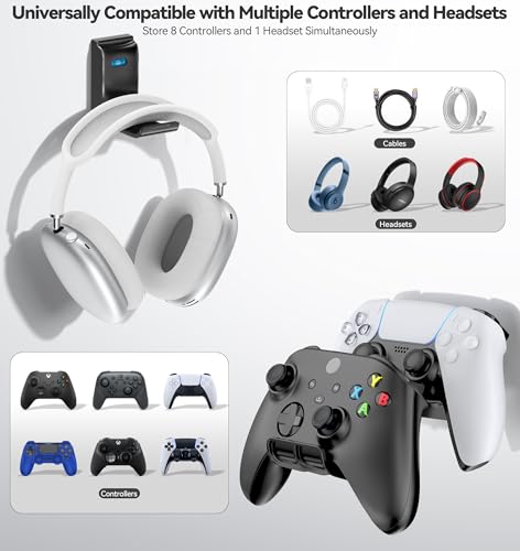 Gaming Accessories Controller & Headphone Stand, Wall Mount Holder for 4 Remotes & Foldable Headset Stand, Universal Wall-friendly Game Controller Holder Hanger Hook for Xbox, PS5/4, Nintendo, Black