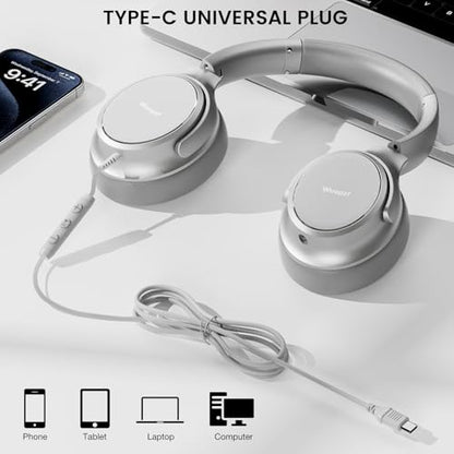 USB C Wired Over-Ear Headphones with Microphone | Volume Control, Share Port, Adjustable Headband Foldable Stereo Headset for Adult/Teens for iPhone 16, Laptop, Gaming, Travel - color: New Silver