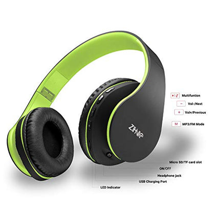 ZIHNIC Bluetooth Headphones Over-Ear, Foldable Wireless and Wired Stereo Headset Micro SD/TF, FM for Cell Phone,PC,Soft Earmuffs &Light Weight for Prolonged Wearing(Black/Green) - color: Green