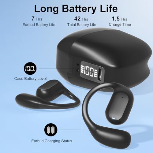 Joysico Open Ear Earbuds Wireless Bluetooth 5.4 Headphones w Over Ear Hook | Mic, 42H Playtime, IPX6, LED Display, 10M Range, Secure Fit for Sports Running Cycling, Comfort for Sensitive and Small Ears