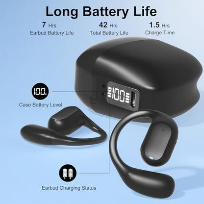 Joysico Open Ear Earbuds Wireless Bluetooth 5.4 Headphones w Over Ear Hook | Mic, 42H Playtime, IPX6, LED Display, 10M Range, Secure Fit for Sports Running Cycling, Comfort for Sensitive and Small Ears
