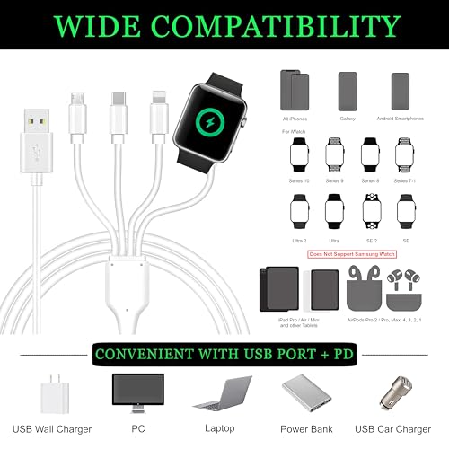 TOP-UP 4 in 1 Watch & Phone Charger Cable – Travel Essentials Multi Charging Cable for Apple Watch, iPhone, USB-C & Micro, Multi Device Charger Cord, 4FT