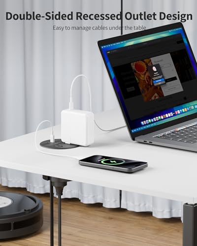 Desk Grommet, Dual-Sided Recessed Power Strip, 4 Outlets 3 USB (2 USB-C) | Flush mount desktop charging station, essential workspace desk outlet. 6.5FT flat plug extension cord, home office, black