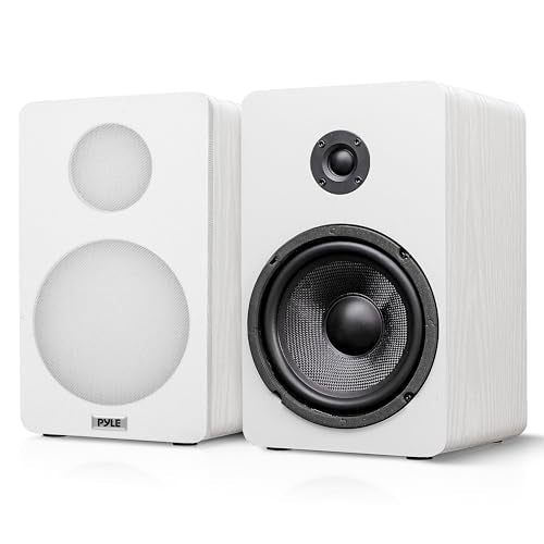 Pyle 6.5” Bookshelf Speakers - Pair of Wired Bookshelf Speakers with Wall Mount Brackets, 2-Way HiFi Home Theater with Fiberglass Cone, Soft Dome Tweeter, Compact Design, 11.7” x 7” x 6.5”, White - color: White