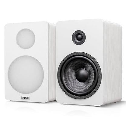 Pyle 6.5” Bookshelf Speakers - Pair of Wired Bookshelf Speakers with Wall Mount Brackets, 2-Way HiFi Home Theater with Fiberglass Cone, Soft Dome Tweeter, Compact Design, 11.7” x 7” x 6.5”, White - color: White