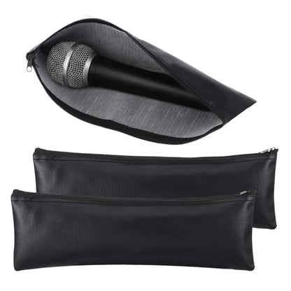 2 Pack Microphone Bags, Black Microphone Case for Wireless | Mic Protector Mic Storage Bag Black Zipper Storage Pouch 11.8" x 4.72" Case for Carrying Portable PU Leather Pouches - size: 11.8 × 4.72
