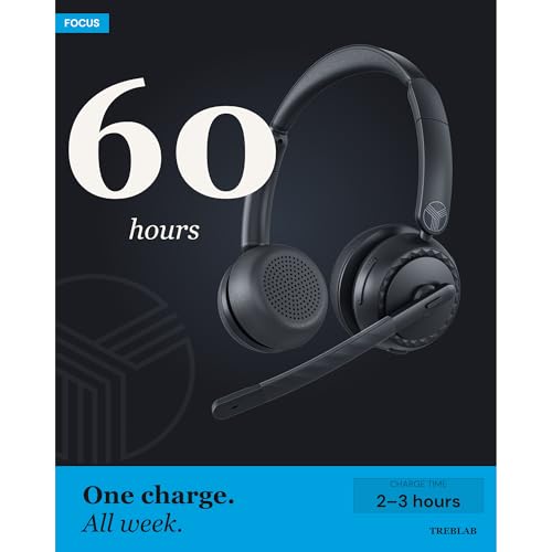 TREBLAB C7-Pro Wireless Bluetooth Headset, 60H Playtime, Bluetooth 5.3 | 40mm Drivers, Type-C Fast Charging, IPX4 Waterproof, Wireless Headset with Mic for Work, Home Office, Calls, Laptop, PC