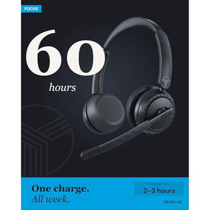 TREBLAB C7-Pro Wireless Bluetooth Headset, 60H Playtime, Bluetooth 5.3 | 40mm Drivers, Type-C Fast Charging, IPX4 Waterproof, Wireless Headset with Mic for Work, Home Office, Calls, Laptop, PC