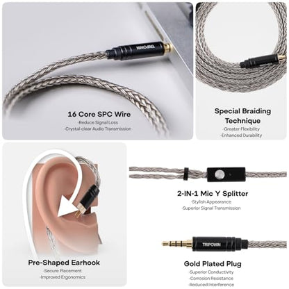 Linsoul Tripowin Zonie 16-Core Silver-Plated SPC IEM Cble w/Omni Mic | HiFi Wired Gaming Earbuds Cable, in-Ear Monitor Upgrade Cable, 1.25m Tangle-Free Wire for Audiophiles, 3.5mm,2Pin - size: 2PIN, style: 3.5mm