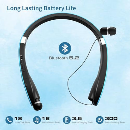 Bluetooth Neckband Headphones, Foldable Wireless Lightweight Neck Headset with Retractable Earbuds, Noise Cancelling Sweatproof Stereo Earphones with Mic & Carrying Case - color: Light Blue