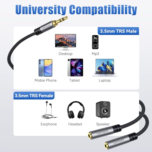 Headphone Splitter, 1/8 inch 3.5mm TRS Male to Dual 3.5mm TRS Female Stereo Audio Y Splitter Cable (1Feet/12Inch), Nylon-Braided, Hi-Fi Sound for Sharing Music, Movies, Gaming on Phones,Tablets,Laptop - color: 3.5mm TRS 1 Male to 2 Female Splitter, size: