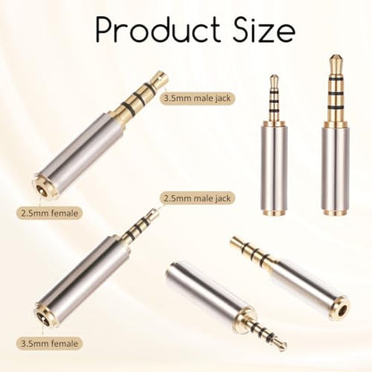 2.5mm to 3.5mm Adapter and 3.5mm to 2.5mm Adapter, Male to Female Stereo Audio Adapters Full Metal Audio Connector 3 Ring Jack Stereo or Mono Converter for Smartphones, Headphone, Mic, Tablets