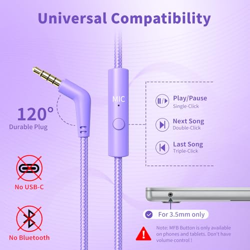Botesty Sound Headphones Wired with Mic for School, 3.5mm Plug in, Purple - color: Purple
