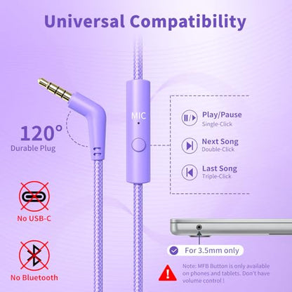 Botesty Sound Headphones Wired with Mic for School, 3.5mm Plug in, Purple - color: Purple