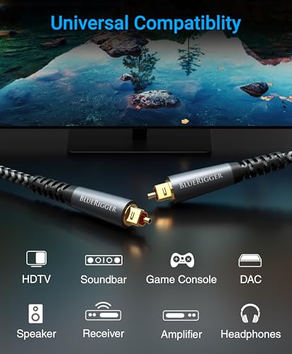 BlueRigger Digital Optical Audio Cable (10FT, Toslink Cable for Soundbar, Braided Fiber Optic, S/PDIF, Metal Shell) - Compatible with HomeTheatre, TV, Game Console (PS4, Xbox), DVR - size: 10FT, style: Braided Toslink