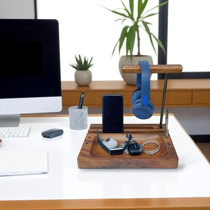 Multi-Device Headphone Stand, Acacia Wood Tech Organizer with Storage Tray | Solid 1.5 in thick acacia wood organizer for headphone, phone, tablet & accessories, gaming & office desk setup, workspace - style: Headphone Cell iPad Holder