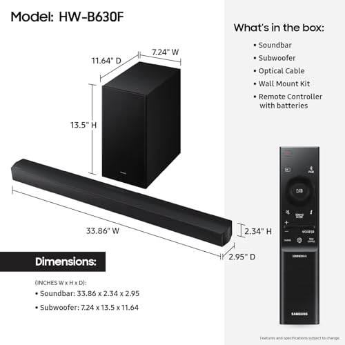 Samsung B-Series Soundbar HW-B630F 3.1 ch DTS Virtual:X Soundbar with Subwoofer (2025 Model) One Remote Control, Voice Enhance Mode, Adaptive Sound - style: HW-B630F
