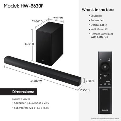 Samsung B-Series Soundbar HW-B630F 3.1 ch DTS Virtual:X Soundbar with Subwoofer (2025 Model) One Remote Control, Voice Enhance Mode, Adaptive Sound - style: HW-B630F