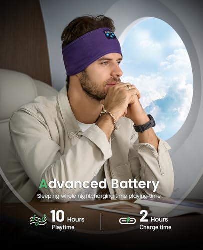 Perytong Sleep Headphones Bluetooth Headband - Yoga, Unisex, with Immersive Stereo Sound, 10 Hours Battery, Comfy Headband Material - color: Grape Purple