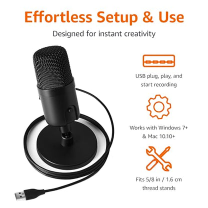Amazon Basics Condenser Microphone for PC, Cardioid Pickup, USB Mic for Streaming, Recording, and Podcasting, 360° Adjustable Stand, Plug and Play, 5.8" x 3.4", Black