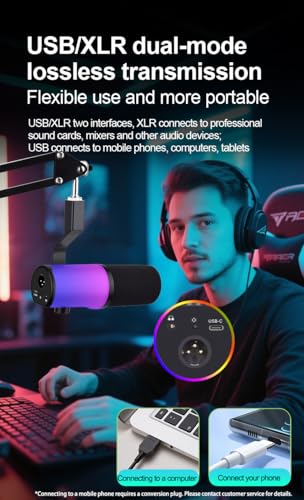 USB/XLR Dual-Mode Desktop Microphone, RGB Lighting, 3.5mm Monitoring Jack, Professional Live Broadcast (Microphone Boom Arm Dual Cable Clip) - style: Microphone Boom Arm Dual Cable Clip