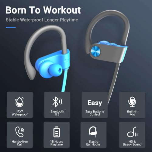 Bluetooth 5.3 Headphones, Wireless Sports In-Ear Earbuds IPX7 Waterproof | 16 Hours Playtime, Sweatproof Stereo Earphones with MIC, Noise Cancelling Headsets for Gym Running Workout, Clear Sound - color: Blue