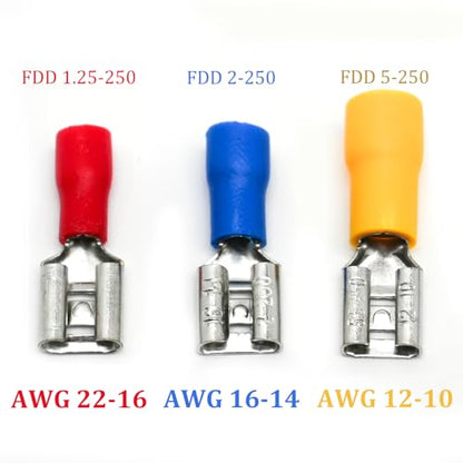 200pcs Female Spade Connectors 1/4" 6.3mm Vinyl Insulated Quick Disconnect Terminals, 16-14 AWG Tin-Plated Brass Crimp Connectors-Blue