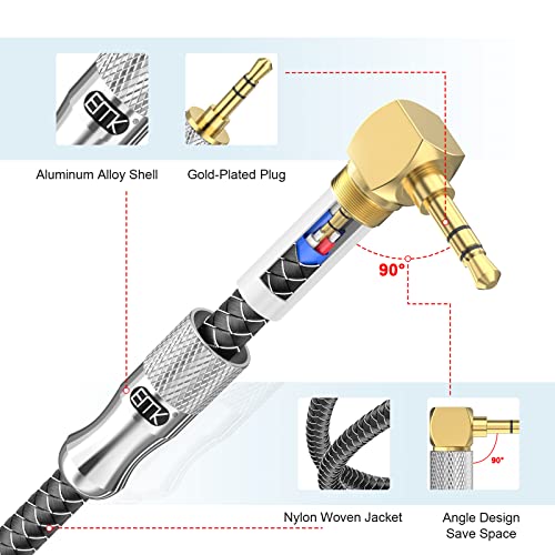 EMK Right Angle Aux Cord, 90 Degree 3.5mm Audio Cable Stereo Male to Male – Nylon Braided, Gold-Plated for Car, Home Stereo, Headphones – 5 Feet (1.5M) - size: 5 Feet, style: 90 to Straight 3-Pole (Audio Only)