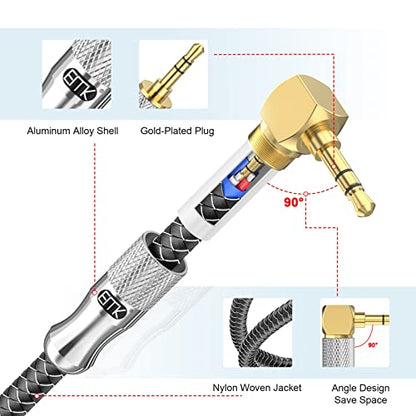 EMK Right Angle Aux Cord, 90 Degree 3.5mm Audio Cable Stereo Male to Male – Nylon Braided, Gold-Plated for Car, Home Stereo, Headphones – 5 Feet (1.5M) - size: 5 Feet, style: 90 to Straight 3-Pole (Audio Only)