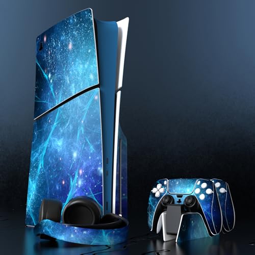 PlayVital Full Set Skin Sticker for ps5 Slim Console Disc Edition (The New Smaller Design), Vinyl Skin Decal Cover for ps5 Controller & Headset & Charging Station & Media Remote - Blue Nebula - color: Blue Nebula