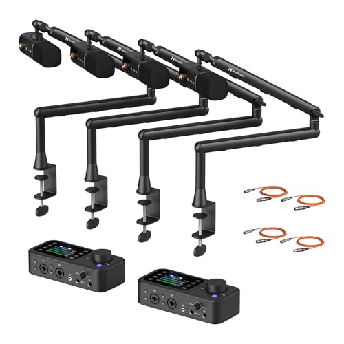 NearStream PodKit Quad Podcast Equipment Bundle for Group Podcast/Stream | Audio Setup with 4 Podcast Microphones, 2 Audio Interfaces, 4 Mic Boom Arms, 4 XLR Microphone Cables - style: PodKit Quad