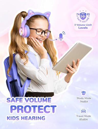 iClever BTH13 Kids Bluetooth Headphones for Girls, LED Cat Ear Travel Gift | SafeSound Tech, 50H Playtime, USB C Charging, AUX Cable, Stereo Sound, Kids Headphones Wireless with Mic for Tablet PC - color: Pink Gradient