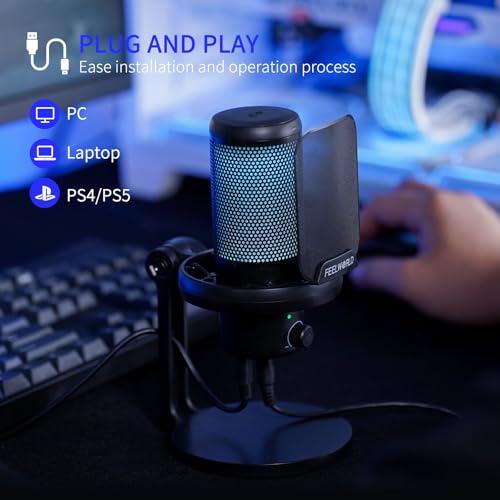 FEELWORLD VM1 Black USB Gaming Condenser Microphone for pc, Desktop Stand - color: Black