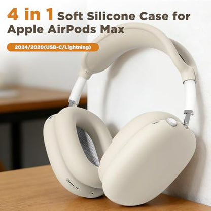 4-in-1 Silicone Case Cover for AirPods Max Headphones, Ear Pad Case Cover/Ear Cups Cover/Headband Soft Protective Case Cover for AirPods Max Headphones (USB-C/Lightning)(2024/2020), Starlight - color: Starlight Color
