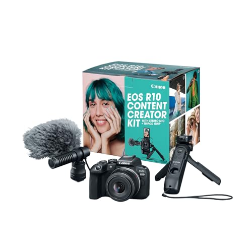Canon EOS R10 Content Creator Kit, Mirrorless Vlogging Camera with RF-S18-45mm F4.5-6.3 is STM Lens, Tripod and Stereo Microphone, 24.2 Megapixel CMOS (APS-C) Sensor, 4K Video, Black | 24.2 Megapixel CMOS (APS-C) Sensor, Stereo Microphone, 4K Video, RF-S1
