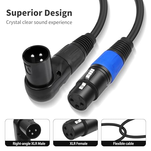 Right Angle XLR Cable 1FT, 2Pack, Black, Straight Female to 90 Degree Male Microphone Cable Cord, 3Pin XLR Adapter for Sound Devices Mixer Recorder - size: 1FT, style: R/A Male to ST FM